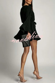 Fashion Bell Sleeve Loose Waist Tie Pleated Mini Dress