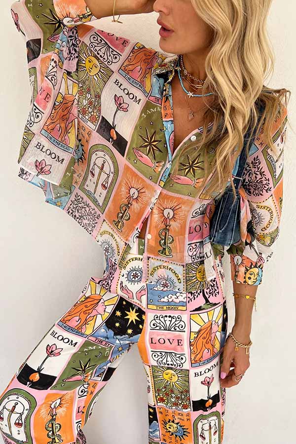 Whimsical Tarot Inspired Print Dolman Sleeve Flowy Shirt and Elastic Waist Wide Leg Pants Set