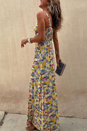 Flora Watercolor Print Crossover Neck Wide Straps Stretch Maxi Dress