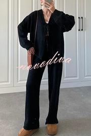Solid Color V-neck Tie Long-sleeved Loose Knit Cardigan and Elastic Waist Casual Straight Leg Pants Set