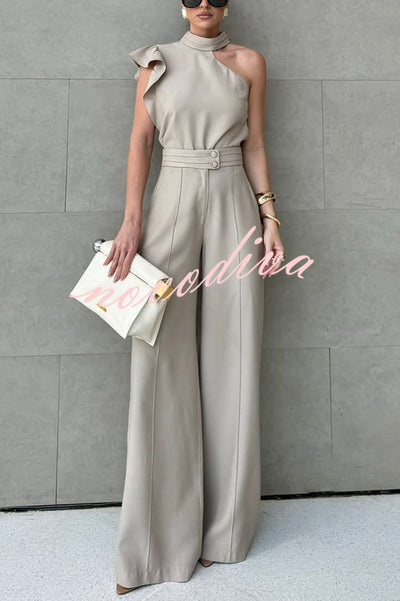 Fashionable One-shoulder Ruffled Top and Casual Simple Straight-leg Suit Pants Set