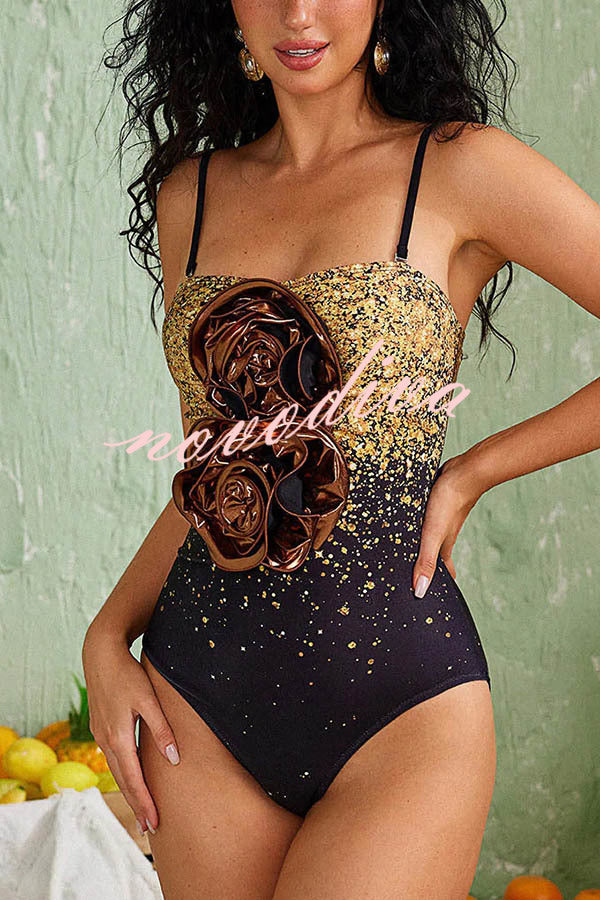 Ombre Sequin Print Metallic Fabric Flower Embellished Stretch One-piece Swimsuit