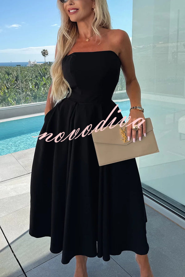 Sweet Cascade Solid Color Off Shoulder Pocket Full Hem Midi Dress