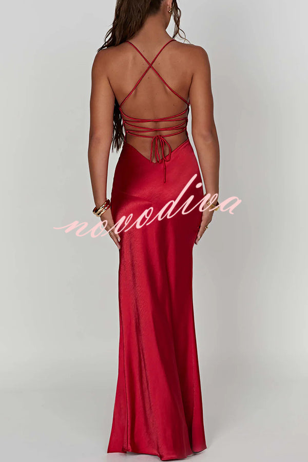 Satin Solid Color Sexy Backless Lace Up High Slit Maxi Dress