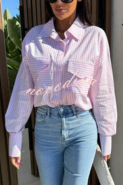 Stripe Print Lapel Long Sleeve Pocket Casual Shirt