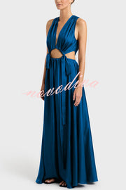 Midnight Charm Satin Ruched Cutout Tie-up Maxi Dress