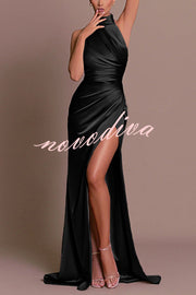 Satin Sexy Halter Neck Sleeveless High Slit Slim Maxi Dress