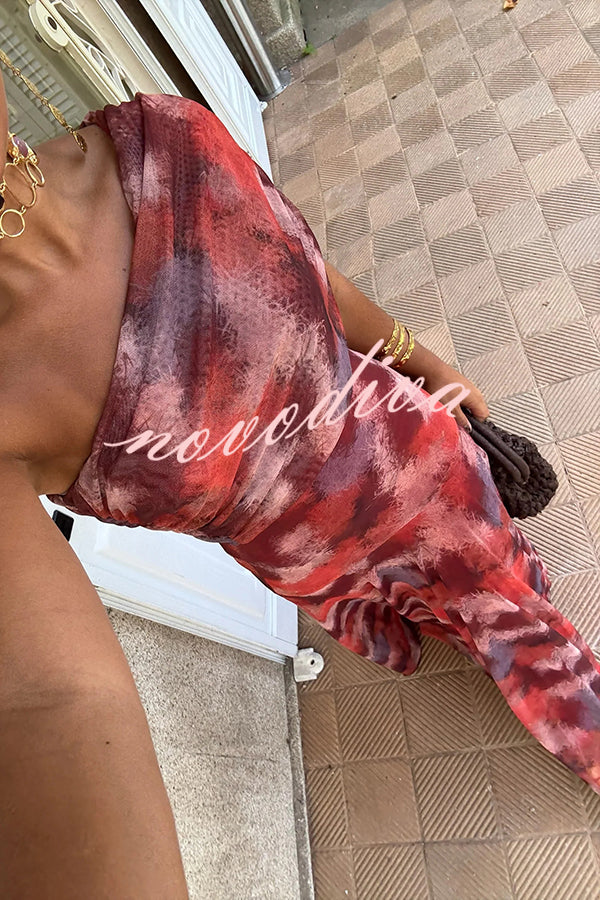 Unique Printed Off-the-shoulder Waisted Holiday Maxi Dress