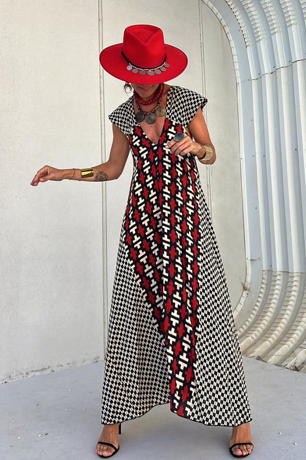 Fresh Breeze Ethnic Unique Print Ruffle Sleeve A-line Maxi Dress