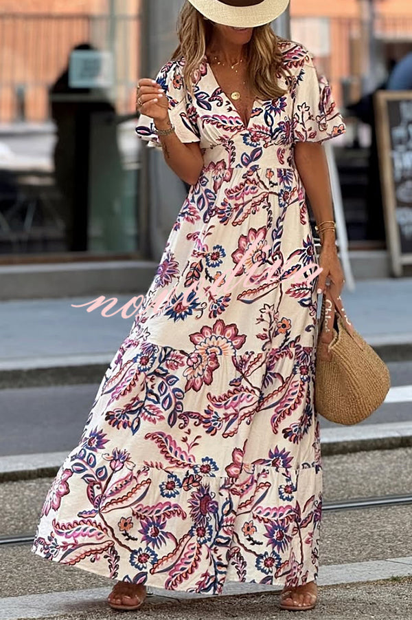 Unique Print V-Neck Waist Holiday Maxi Dress