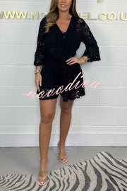Emilee Lace Tie Neck Bell Sleeve Top and Elastic Waist Loose Shorts Set
