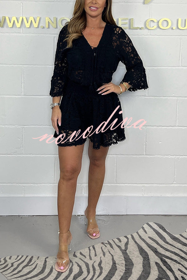 Emilee Lace Tie Neck Bell Sleeve Top and Elastic Waist Loose Shorts Set