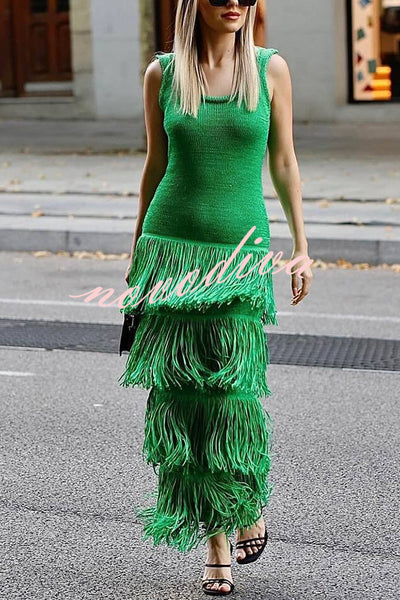 Solid Color Sleeveless Slim Fit Fringed Hem Knitted Midi Dress