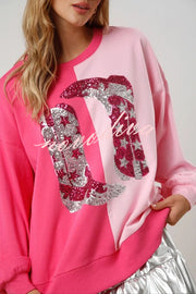 Valentine's Day Sequin Boots Color Block Long Sleeve Sweatshirt