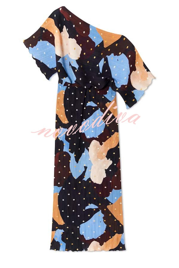 Mara Pleated Fabric Metallic Speckled Color Block Print One Shoulder Maxi Dress