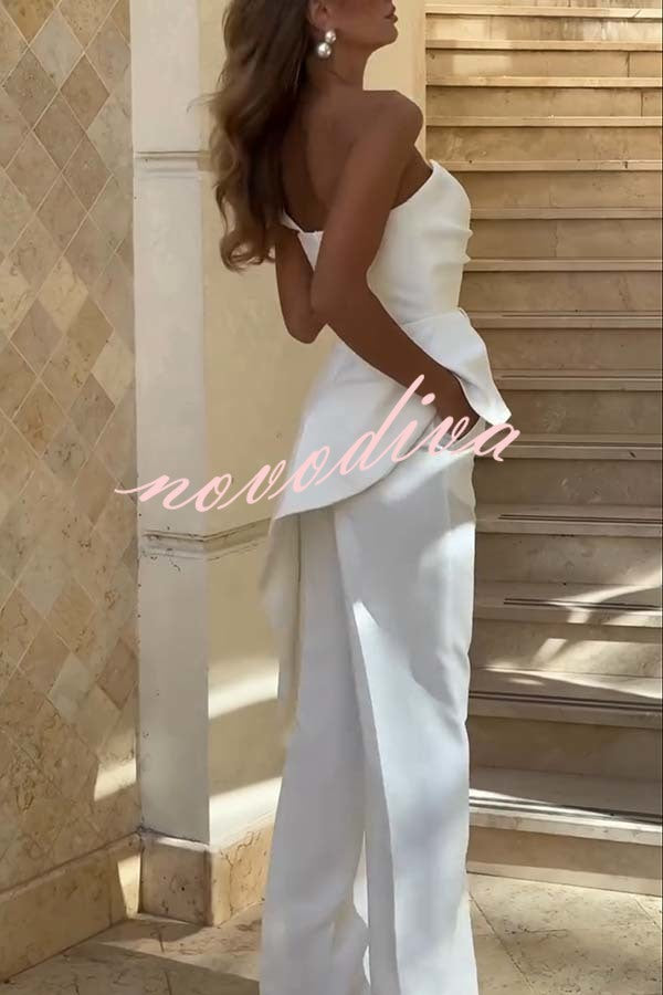 Amena One Shoulder Sweetheart Neck Ruffle Hem Top and Elastic Waist Pocket Wide Leg Pants Set