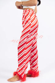 Christmas Party Striped Print Pocket Feather Elastic Waist Pajama Set