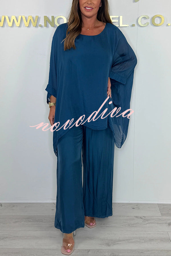 Solid Color Round Neck Loose Bat Sleeve Top and Elastic Waist Wide Leg Pants Set