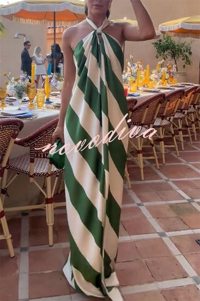 Most Dreamy Stripe Print Halter Tie-up Backless Pocket Loose Maxi Dress