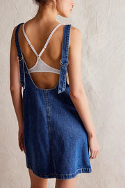 Solid Color Sleeveless V-neck Pocket Adjustable Denim Suspender Mini Dress