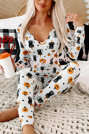 Ghost Country Halloween Print Long Sleeve Lounge Jumpsuit