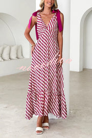 Unique Printed V-neck Sleeveless Lace-up Waist Maxi Dress