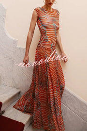 Bella Stretch Mesh Unique Print Bodysuit and High Rise Elastic Waist Maxi Skirt Set