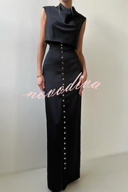 Solid Color Casual Sleeveless Crop Top and Elegant Button-down Maxi Skirt Set