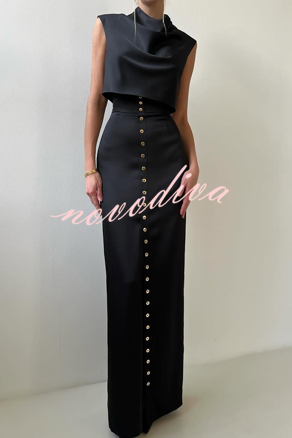 Solid Color Casual Sleeveless Crop Top and Elegant Button-down Maxi Skirt Set