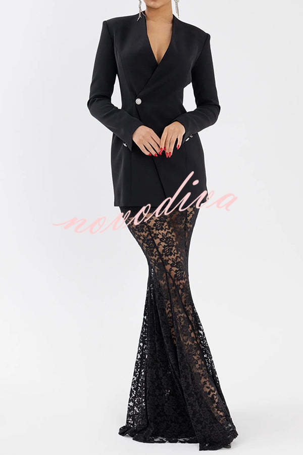 Poetic Muse Floral Lace High Rise Elastic Waist Fishtail Hem Maxi Skirt