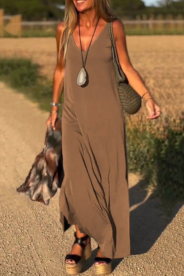 Solid Color V-neck Sleeveless Casual Loose Maxi Dress