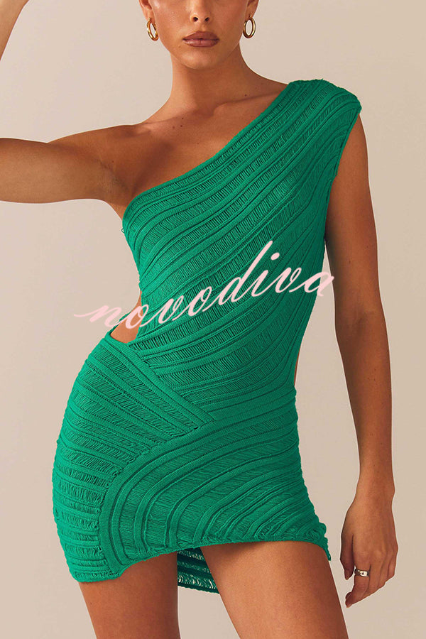 Solid Color Sexy One Shoulder Hollow Stitching Slim Fit Knitted Mini Dress