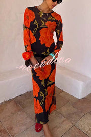 Perfect Cross-season Mesh Poppy Flower Print Long Sleeve Stretch Maxi Dress