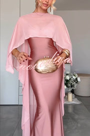 Party Charm Satin Sheer Chiffon High Low Cape Slip Maxi Dress