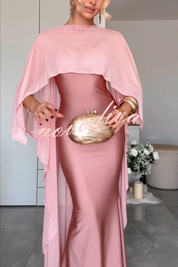 Party Charm Satin Sheer Chiffon High Low Cape Slip Maxi Dress