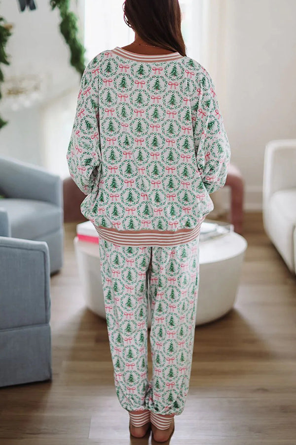 Christmas Print Loose Long-sleeved Top and Elastic Waist Casual Pants Set