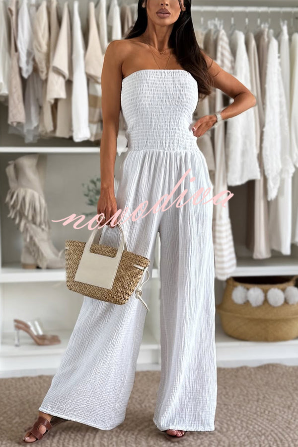 Linen Blend Solid Color Off-the-shoulder Pleated Casual Pocket Wide-leg Jumpsuit