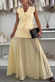 Stylish and Elegant Knit Spliced Tulle Elastic Waist Pleated Maxi Skirt