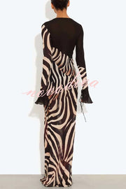 City Night Chiffon Colorblock Animal Print Tie-up Long Sleeve Maxi Dress