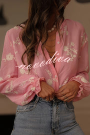 Floral Embroidery Long-Sleeved Button-Up Elegant Shirt