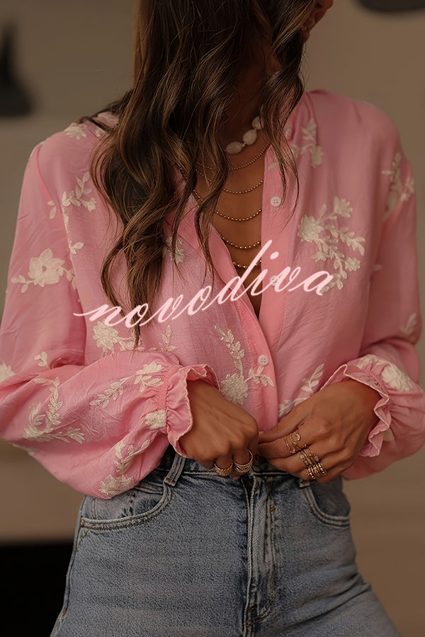 Floral Embroidery Long-Sleeved Button-Up Elegant Shirt