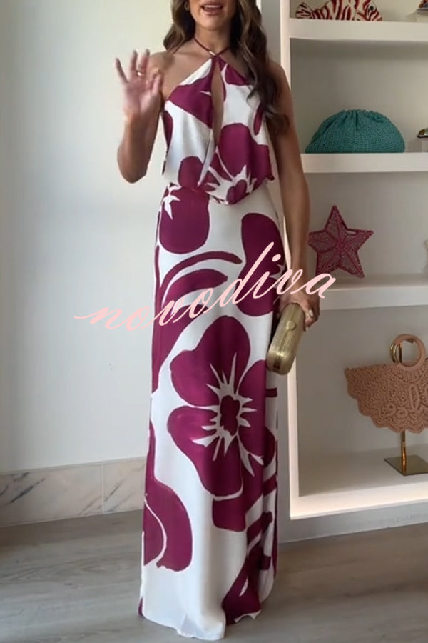Leslie Flower Print Halter Cutout Cowl Neck Backless Maxi Dress