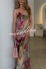 Floral Print Sexy Backless Slit See-Through Holiday Maxi Dress