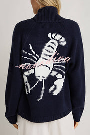 Fashion Lobster Pattern Casual Long Sleeve Knit Cardigan