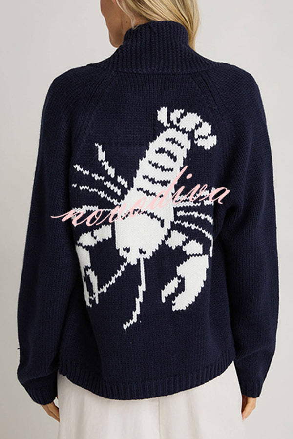 Fashion Lobster Pattern Casual Long Sleeve Knit Cardigan