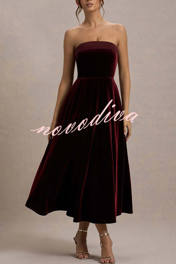 Center of Attention Velvet Satin Neck Bandeau Pleated Midi Dress