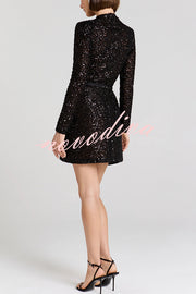 Edie Sequin High Neck Long Sleeve Satin Bow Belted Tulip Mini Dress