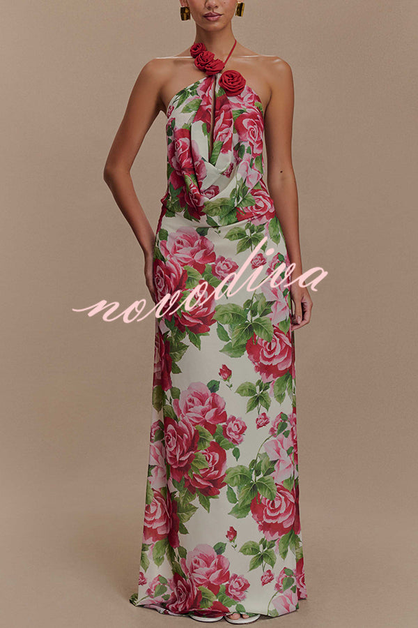 Elegance and Romance Chiffon Printed Rose Applique Cowl Neck Maxi Dress