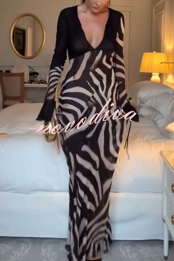 City Night Chiffon Colorblock Animal Print Tie-up Long Sleeve Maxi Dress