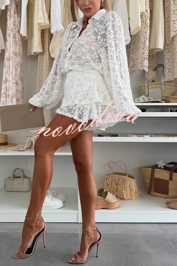 Nicola Lace Long Balloon Sleeve Blouse and Elastic Waist Layered Skort Set